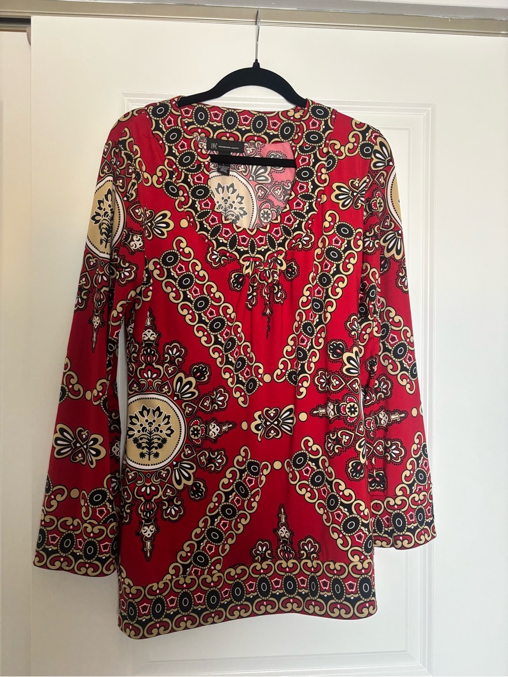 INC International Concepts Red Medallion-Print Long Sleeve Tunic